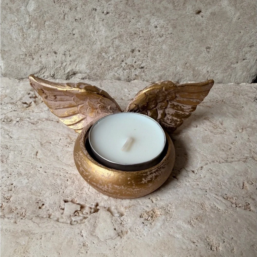 Set of 6 Gold Tone Resin Angel Wings Tealight Candle Holders | Retro Home Decor